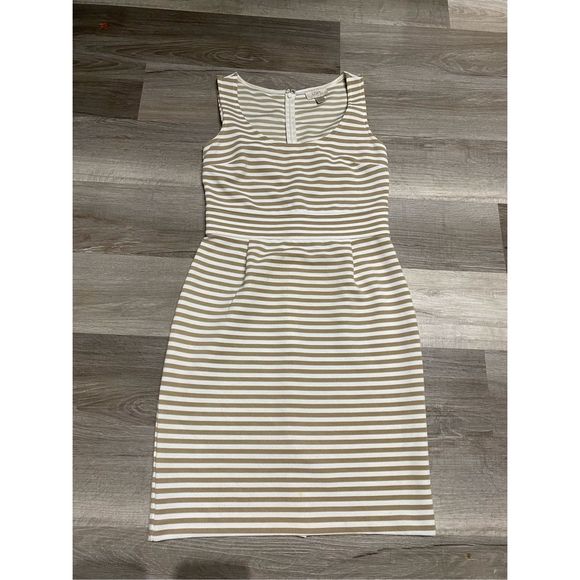 Loft Factory Tan & White Striped Sheath Dress with Back Zipper, Size 0 - Picture 1 of 6